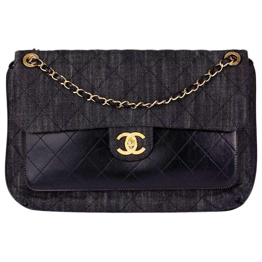 2016 Chanel Indigo Blue Quilted Denim & Black Calfskin Leather Single Flap Bag 