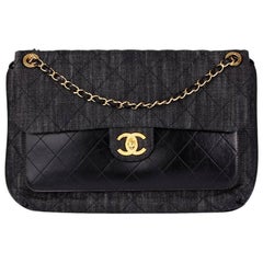 2016 Chanel Indigo Blue Quilted Denim & Black Calfskin Leather Single Flap Bag 