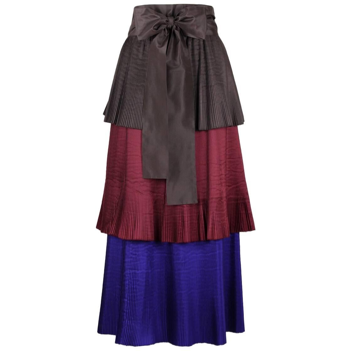 Yves Saint Laurent YSL Colour Block Pleated Tiered Silk Skirt With Sash, 1980s 