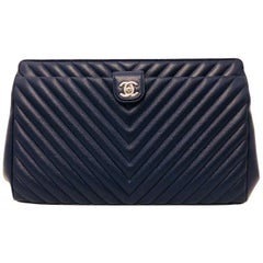 Chanel Navy Chevron Quilt Frame Clutch With Silver Tone Hardware Serial 22475069