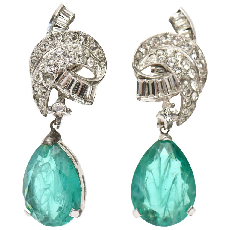 Signed Panetta Vintage Drop Clip On Gl And Rhinestone Dangle Signed Panetta Vintage Drop Clip On Gl And Rhinestone Dangle Earrings For