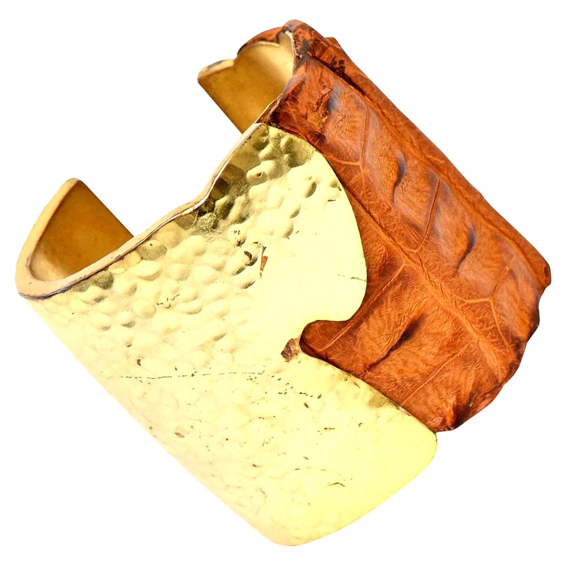 Hammered Brass and Crocodile Leather Cuff Signed Artisan Bracelet