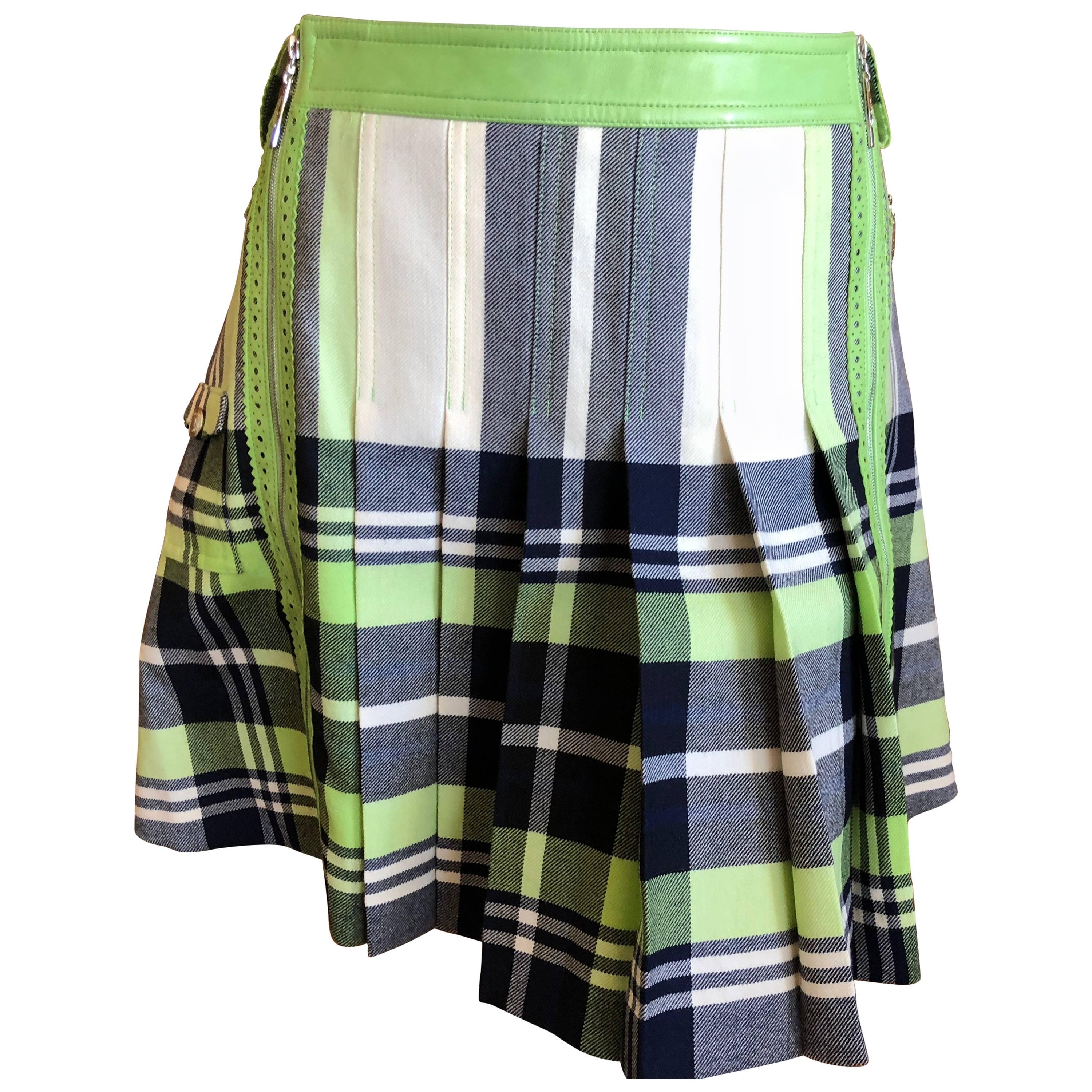 Christian Dior John Galliano Vintage Leather Trim Pleated Plaid Schoolgirl Skirt For Sale