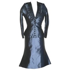 Alexander McQueen Blue Silk Beaded Detail Skirt Suit Jacket, 2007