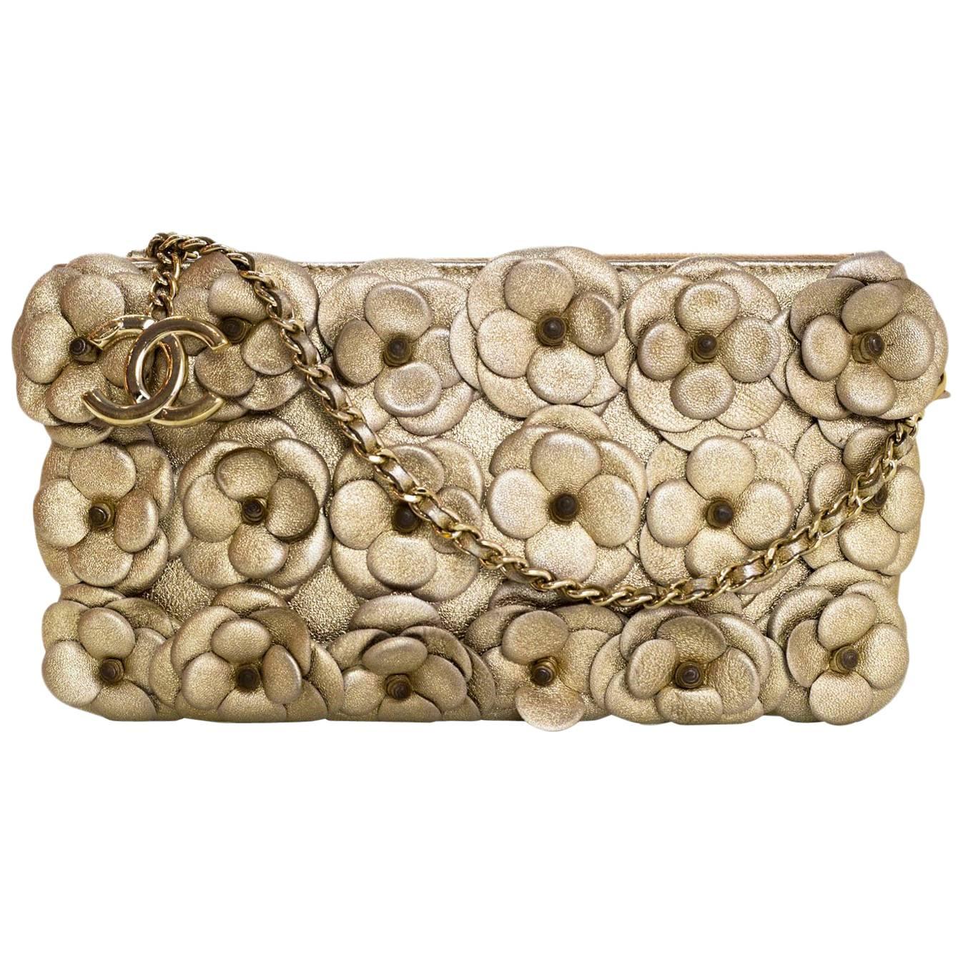 Chanel Gold Leather Camellia Clutch/Crossbody Bag