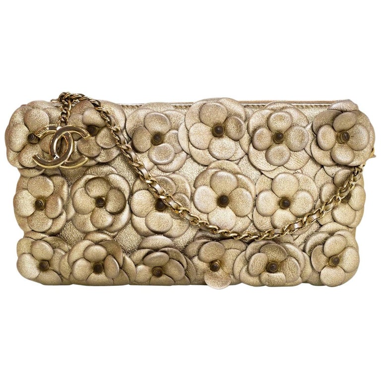 Chanel Gold Leather Camellia Clutch/Crossbody Bag For Sale at