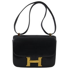 Vintage Hermes Constance Navy Bag in Navy leather and Golden Hardware