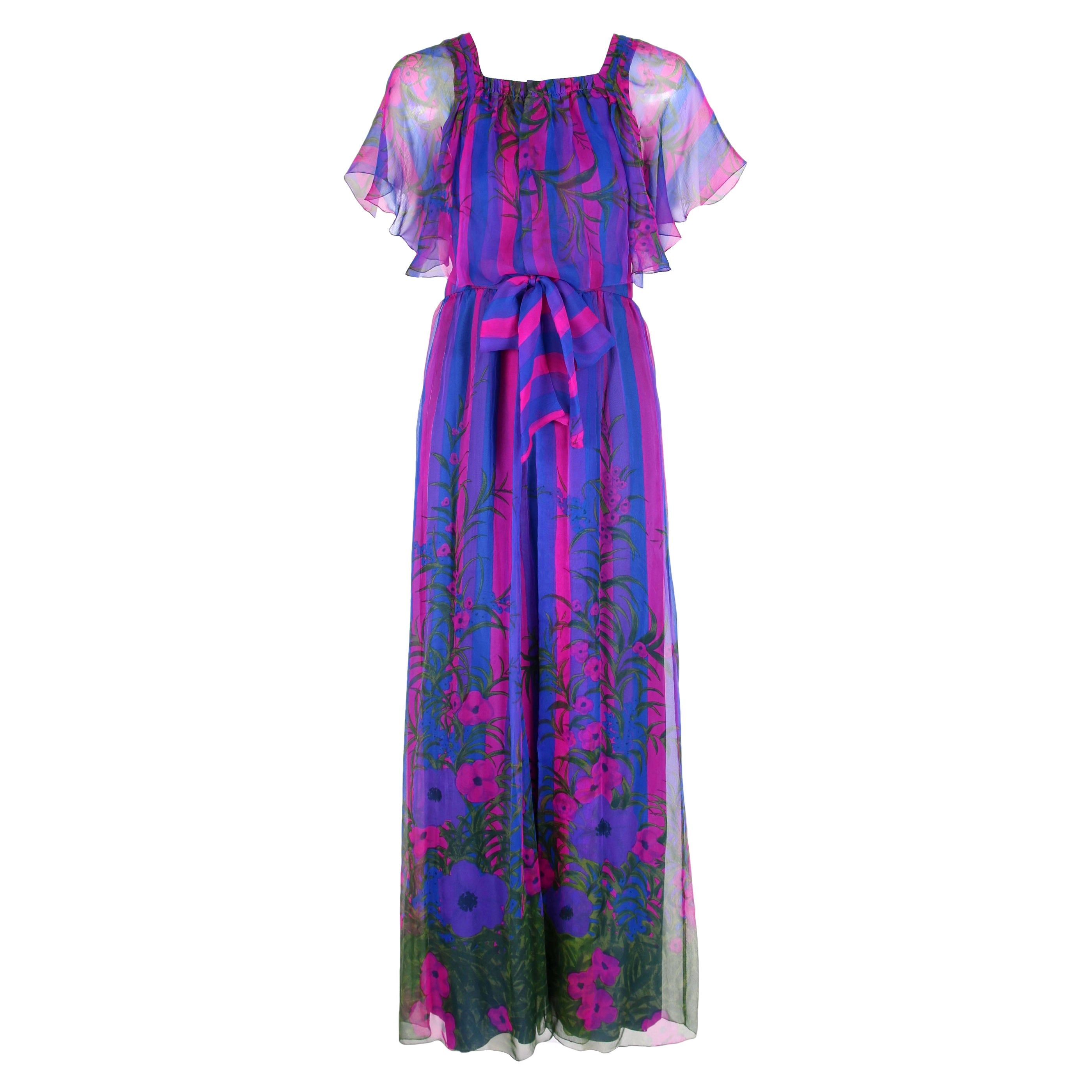 Unlabeled Couture Silk Chiffon Floral & Striped Sleeveless Maxi Dress For Sale