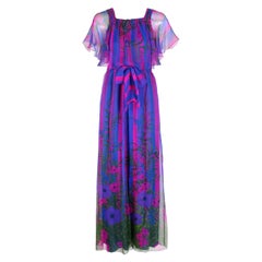 Unlabeled Couture Silk Chiffon Floral & Striped Sleeveless Maxi Dress