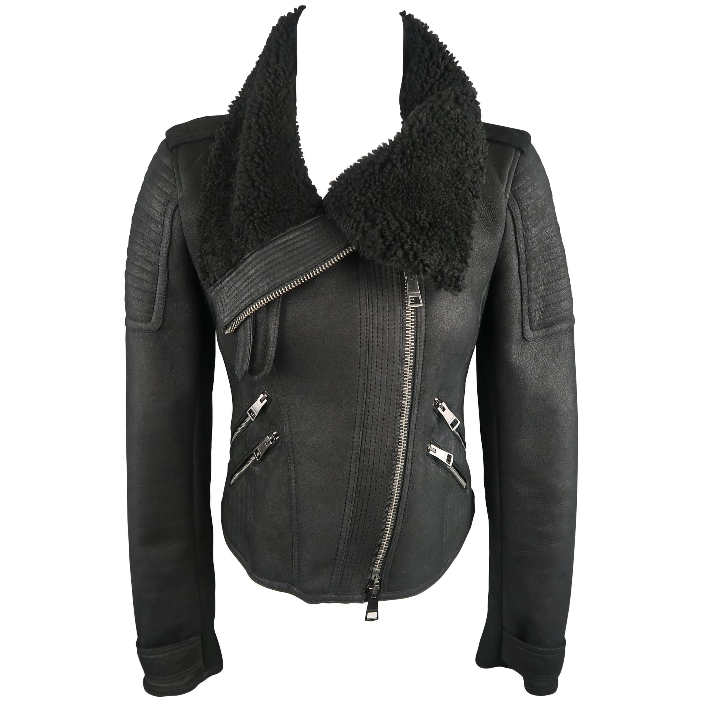 BURBERRY BRIT Size 4 Black Leather Shearling Cropped Biker Jacket