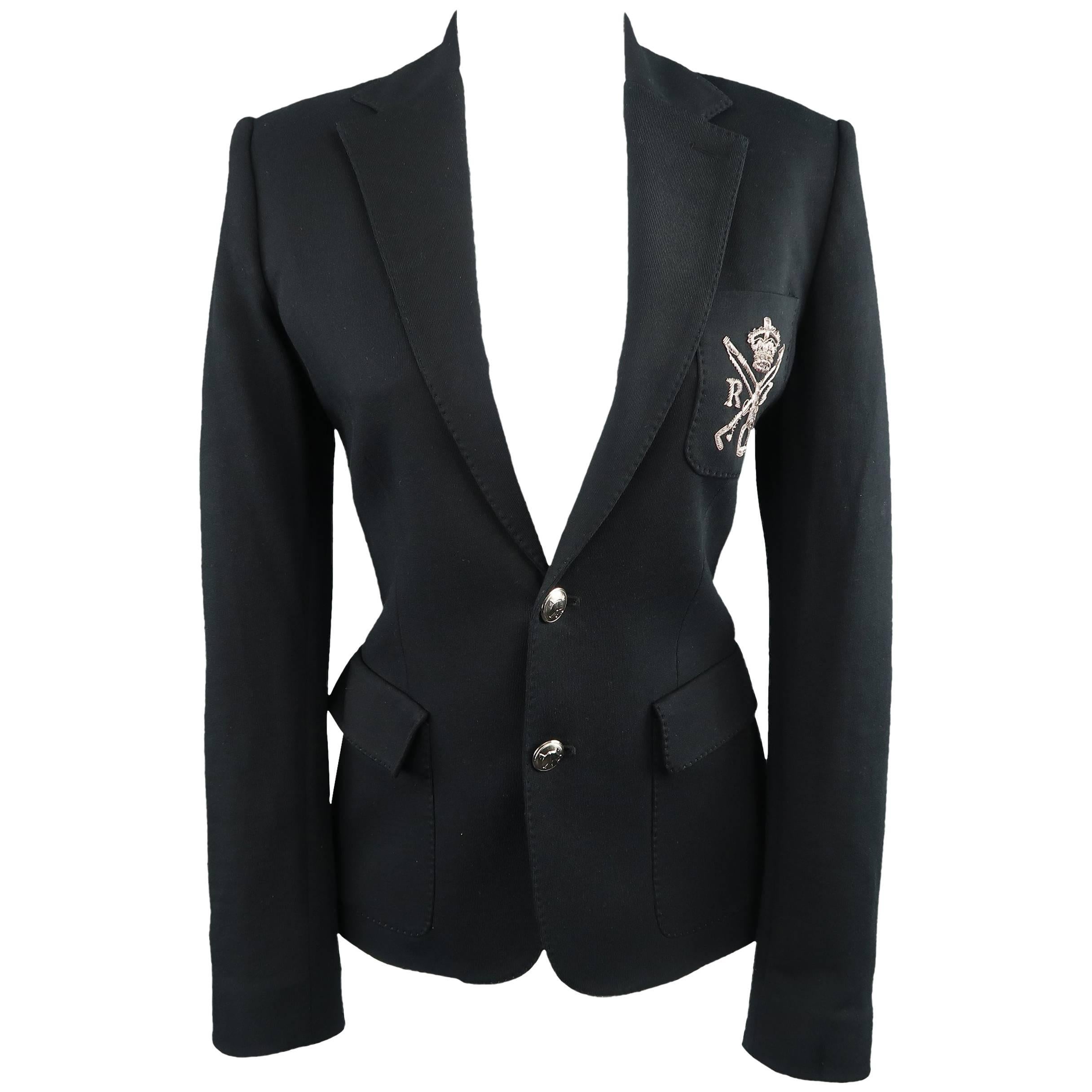 RALPH LAUREN Size 8 Black Cotton Jersey Silver Embroidered Pocket Blazer