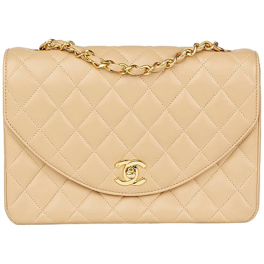 1990 Chanel Beige Quilted Lambskin Vintage Classic Single Flap Bag 