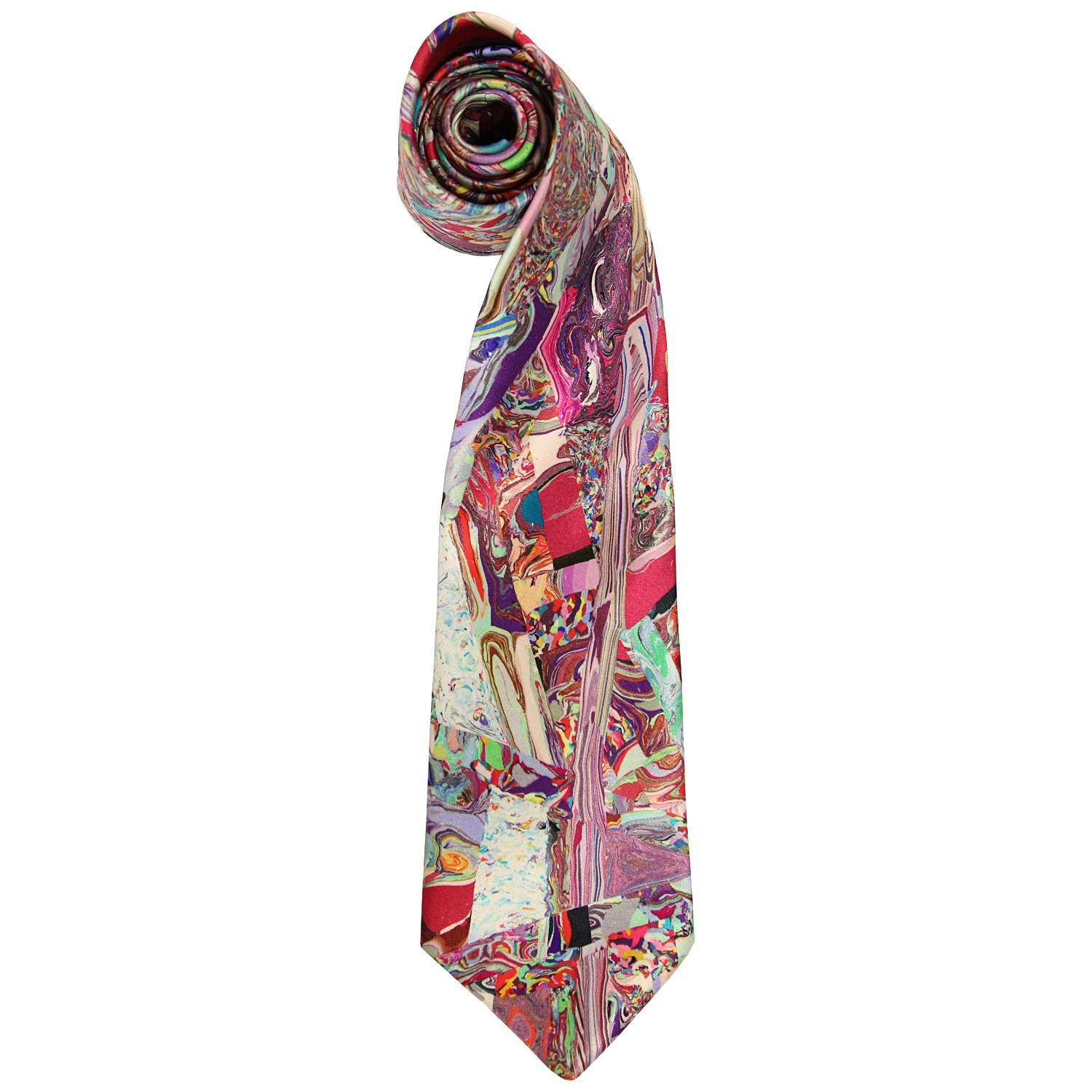 Yohji Yamamoto Multicolor Printed Silk Vintage Tie, 1990s