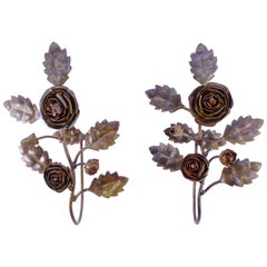 Vintage Pair of French Wrought Iron Rose and Leaf Design Tie Hold Backs Hooks