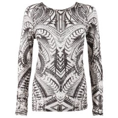 BALMAIN Resort 2012 Black 
White Abstract Print Linen Knit Scoop Neck Top