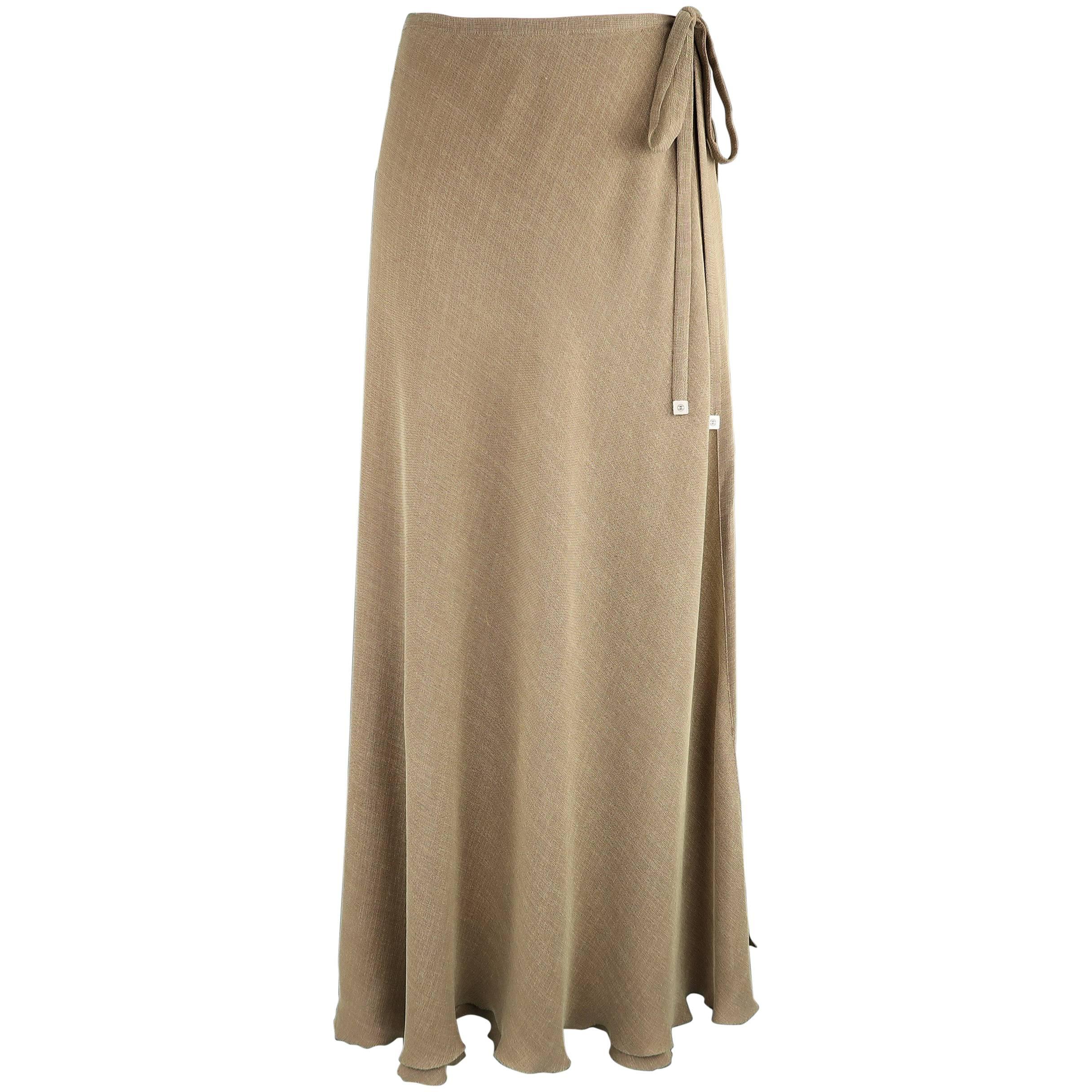 CHANEL 1999 Size 6 Beige Viscose Blend Wrap & Tie Maxi Skirt