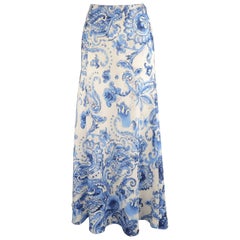 RALPH LAUREN Size 6 White & Blue Floral Paisley Silk A line Flair Maxi Skirt