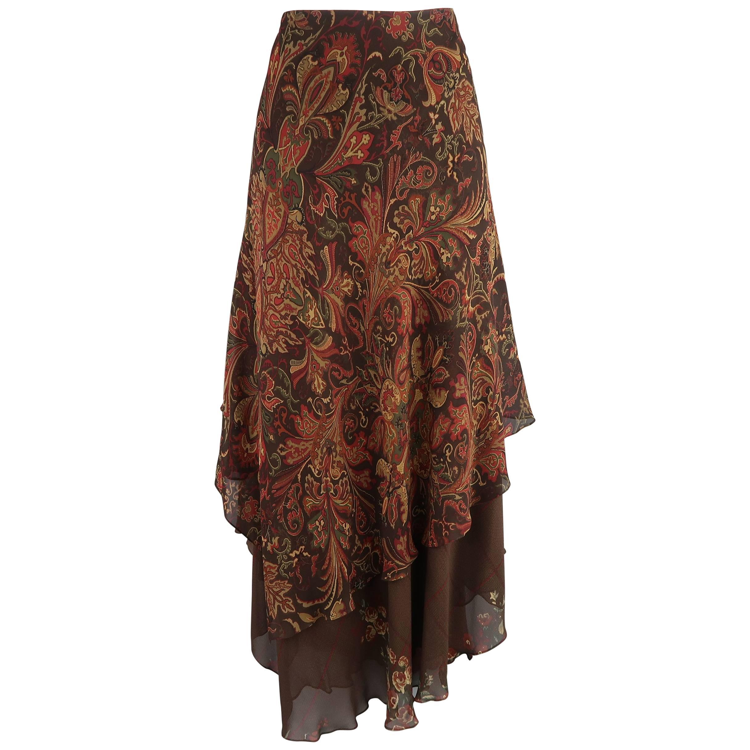 RALPH LAUREN Size 10 Brown & Red Paisley & Plaid Silk Layered Ruffle Skirt