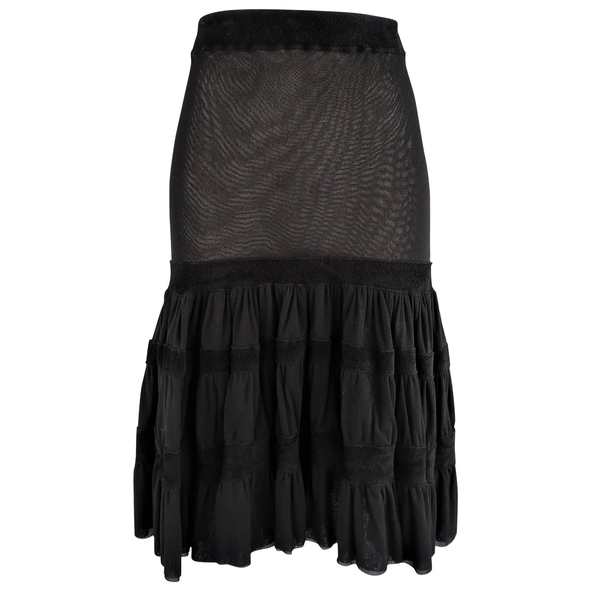 Jean Paul Gaultier Black Mesh Velour Trim Drop Waist Ruffle Skirt