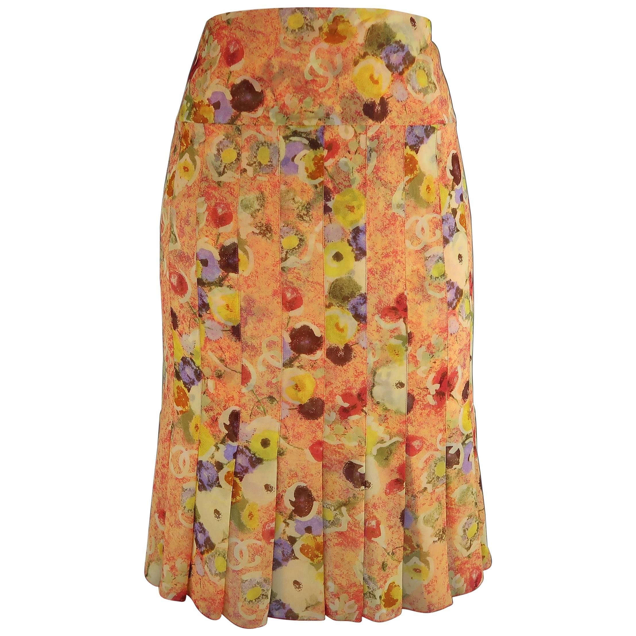 Chanel Orange Floral Print Silk Chiffon Pleated Skirt, 2004 