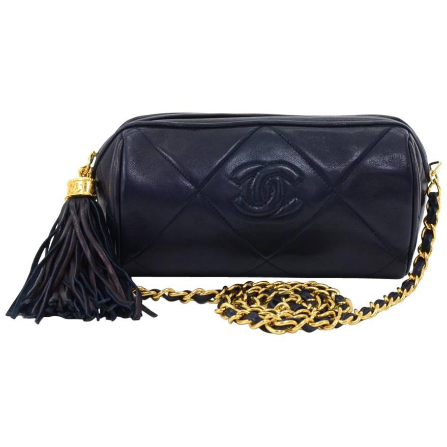 Vintage Chanel Navy Diamond Quilted Leather Barrel Shoulder Bag