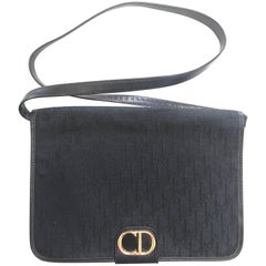 Retro Christian Dior black logo jacquard shoulder bag, clutch with gold motif.