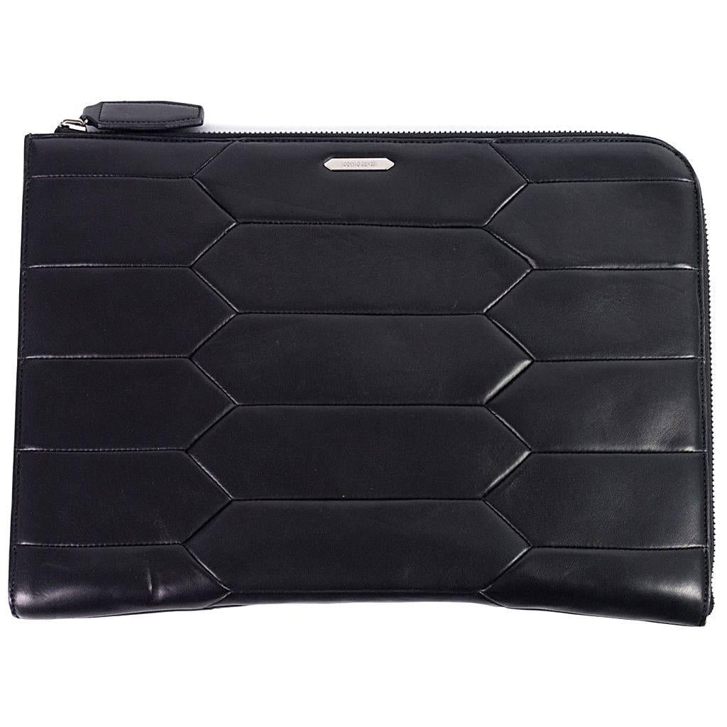 Roberto Cavalli Black Leather Large Zip Around Laptop Bag For Sale