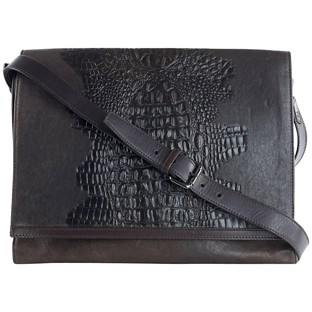 Roberto Cavalli Brown Texture Embossed Flap Leather Messenger Bag For Sale