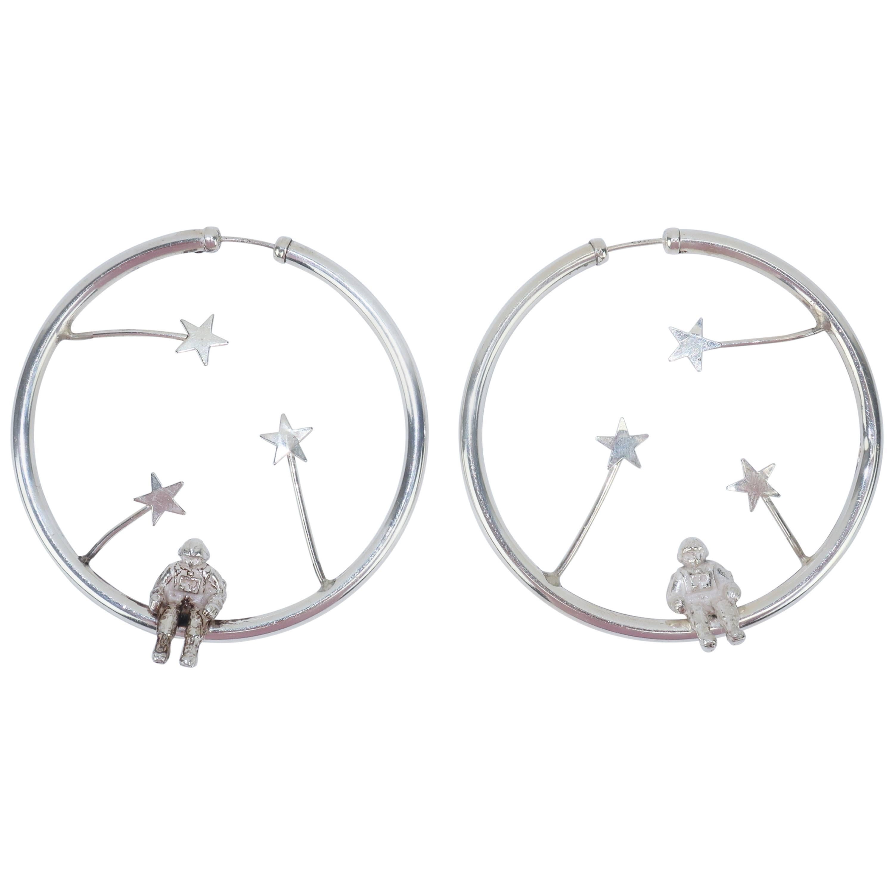 1980’s Sterling Silver Astronauts & Stars Hoop Earrings 