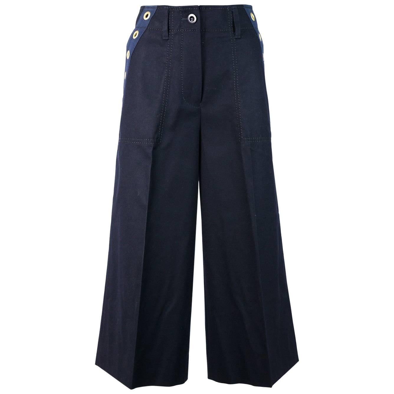 Sacai Womens Navy Wool Grommet Canvas Trim Pockets Culottes at 1stDibs