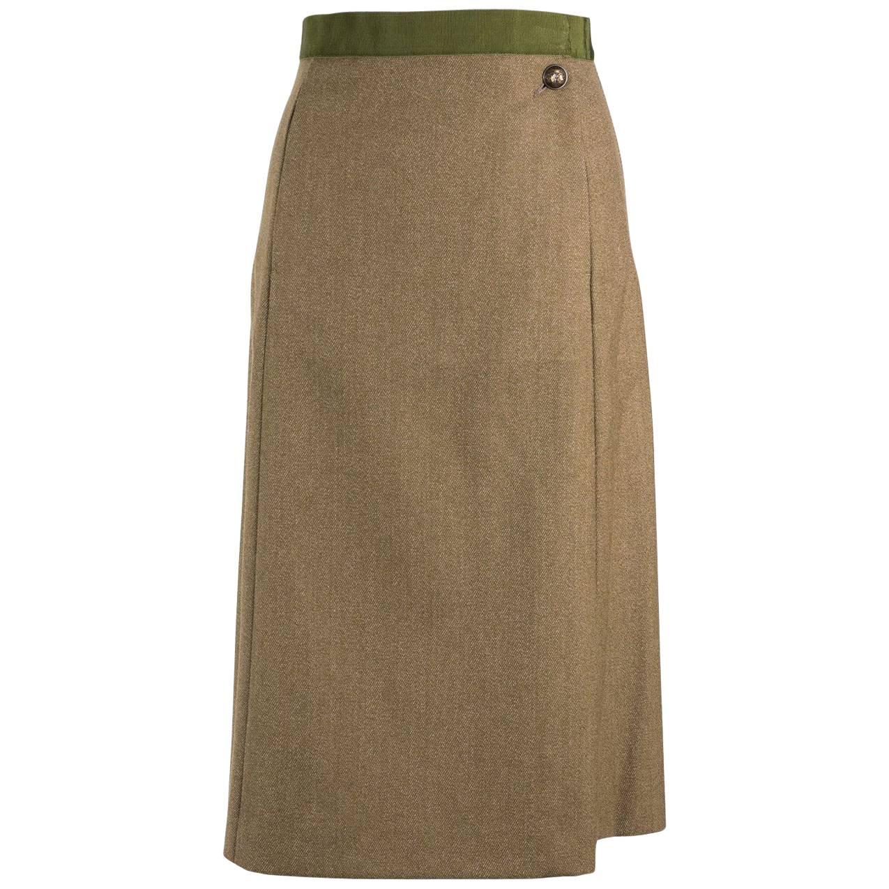 Maison Margiela Green Wool Military Button Knee Length Skirt