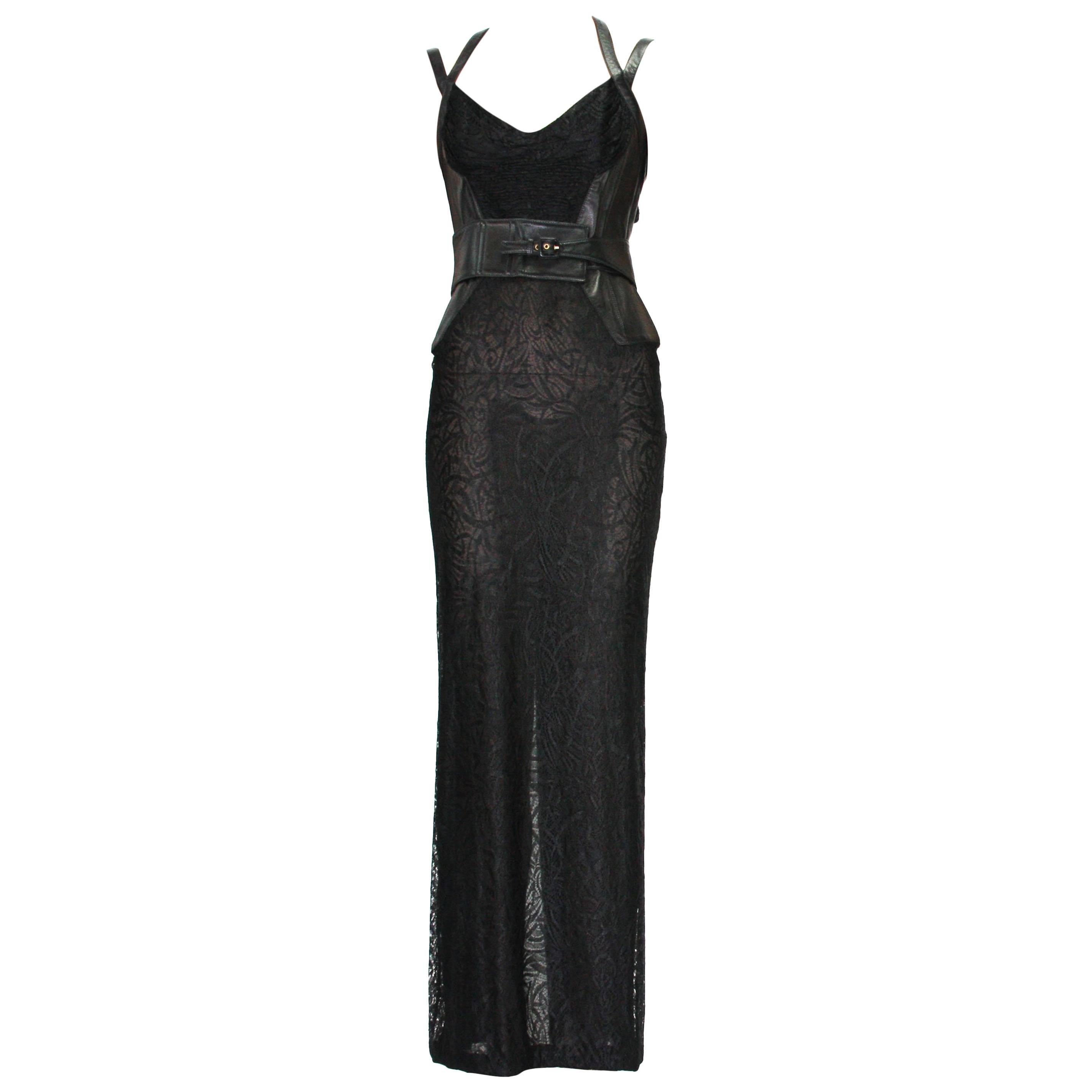 New Gianni Versace Couture F/W 2001 Leather Sheer Lace Black Bandage Gown It. 44 For Sale