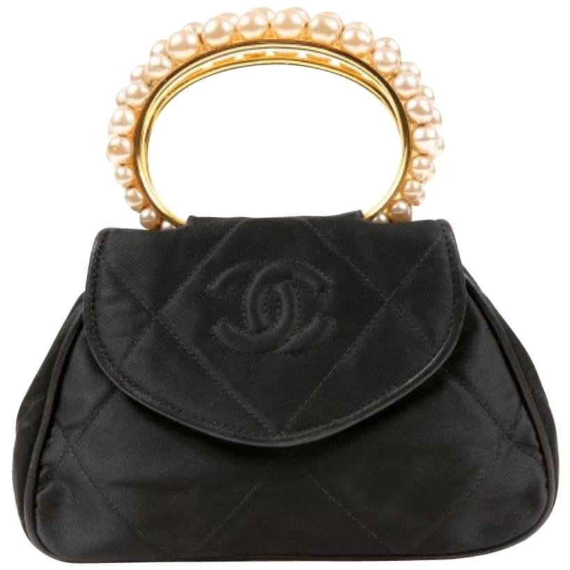 Chanel Black Small Three Pearl Kelly Top Handle Satchel Evening Flap Bag W/Box