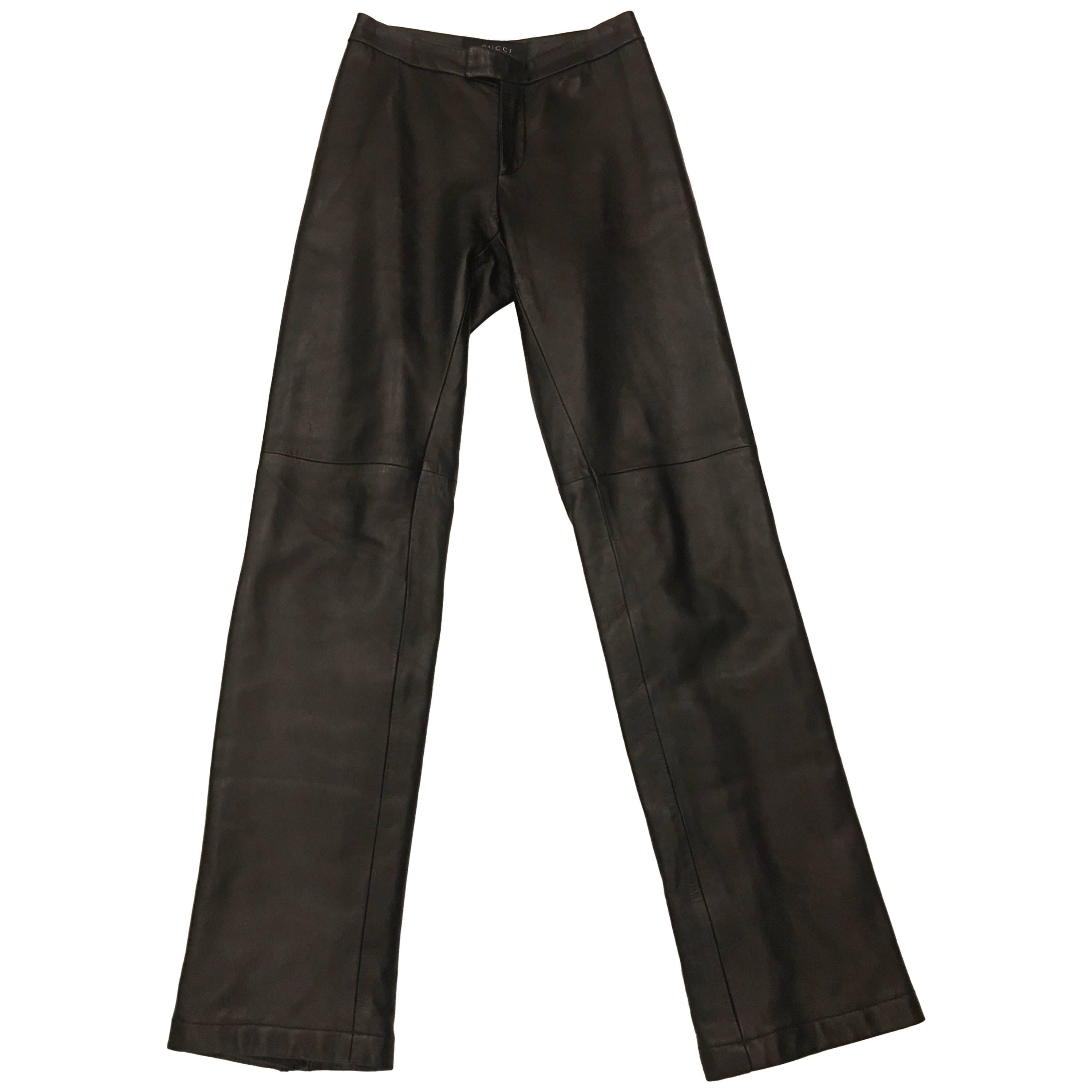 Gucci Contemporary Heavy Duty Brown Leather Zip Flares For Sale