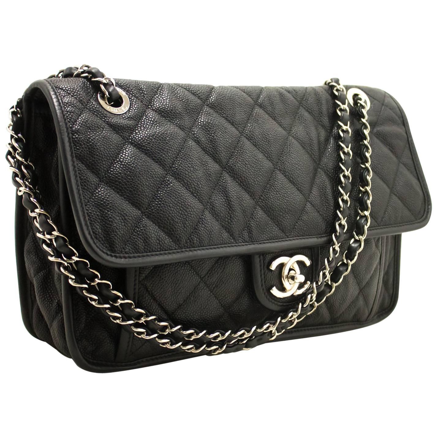 CHANEL 11" Caviar Chain Shoulder Bag Black Quilted Flap Leather SV