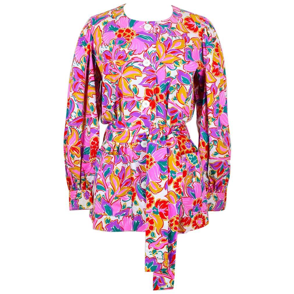 Yves Saint Laurent YSL Colorful Floral Print Tunic Blouse With Belt, 1980s  