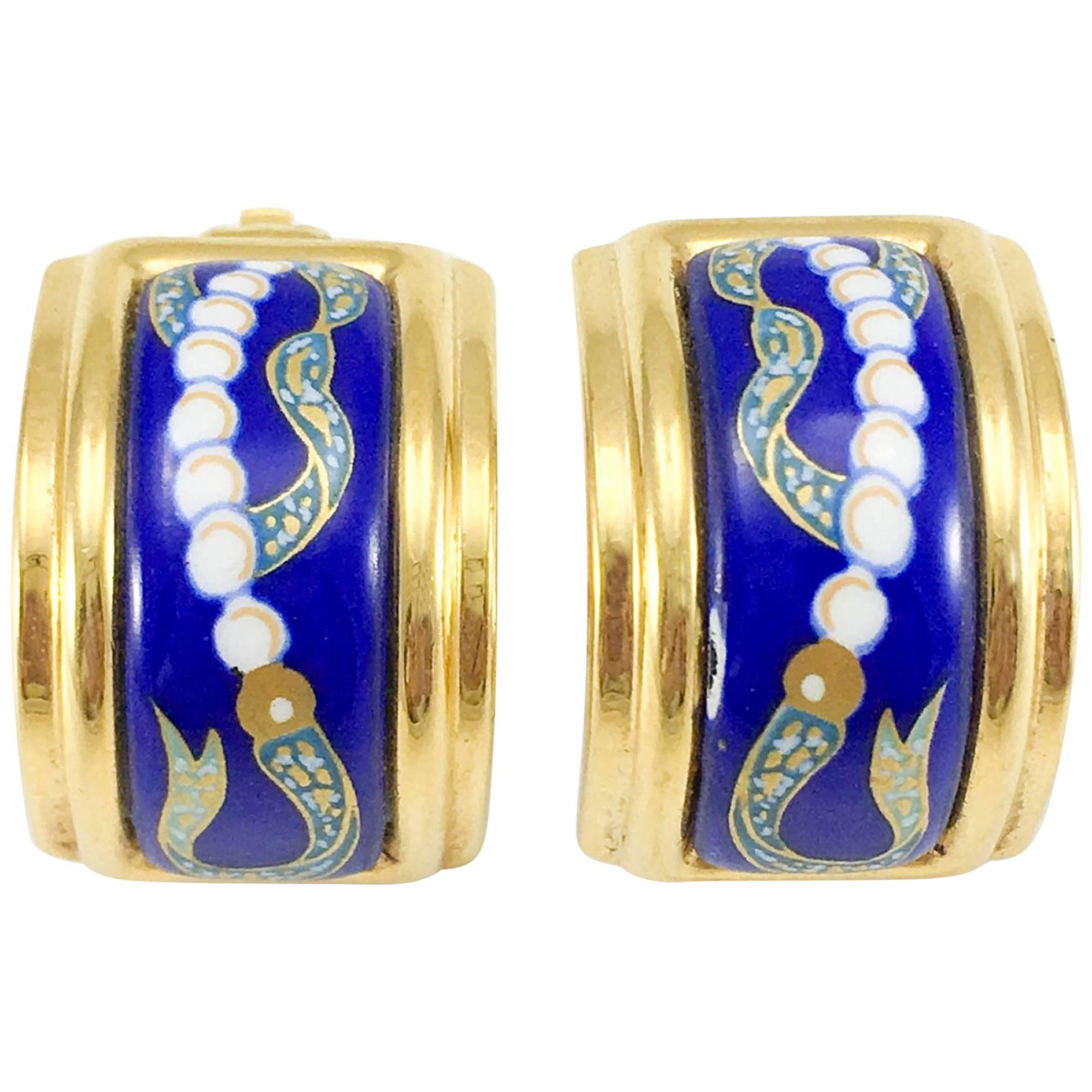 1990's Hermes Oriental Motif Gold-Plated Enamelled Earrings