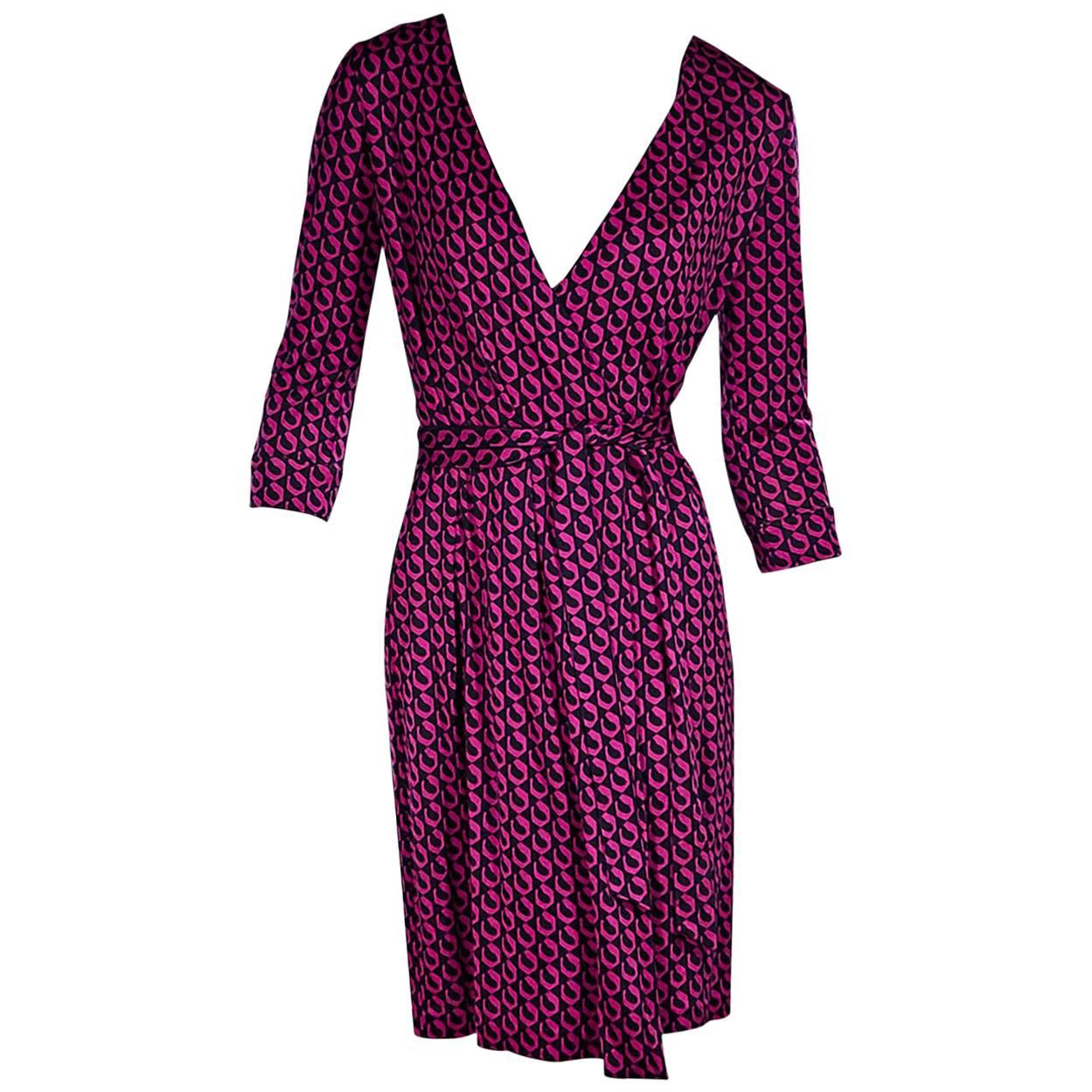 Pink Diane von Furstenberg Printed Silk Wrap Dress