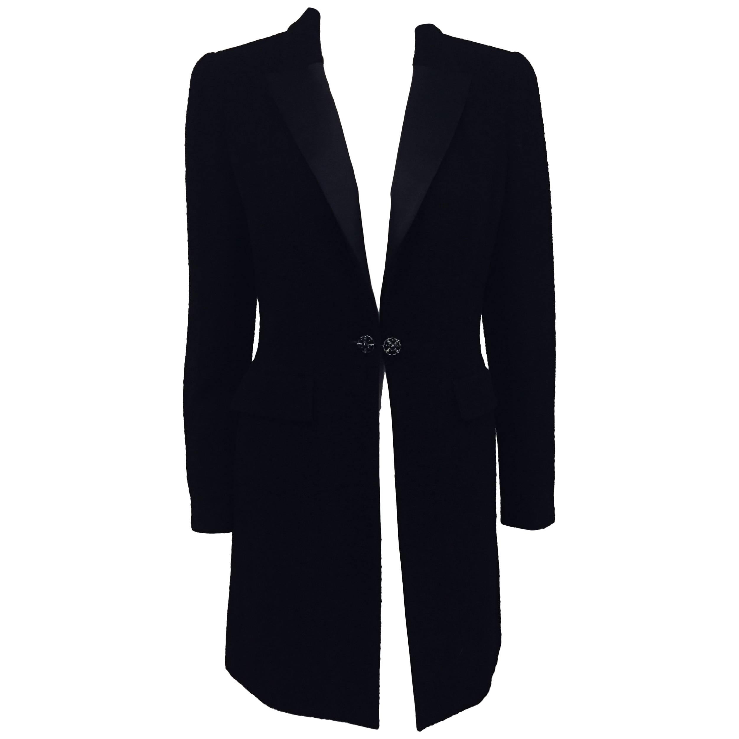 Classic Chanel Black Wool Blend Tuxedo Style Long Jacket w/ Pewter Metal Buttons