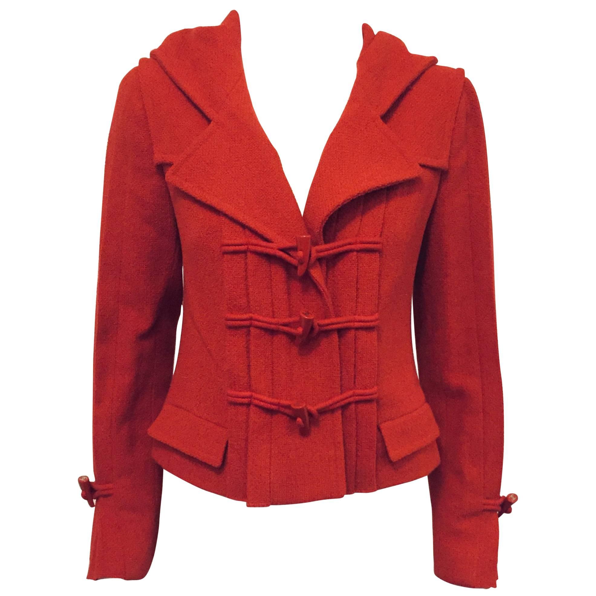  Cupid's Chanel Red Hooded Wool Jacket with Pleats Front, Back & Sleeves 
