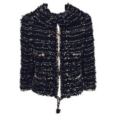 Chanel Black & White Metallic Tweed Jacket with Round Frayed Collar