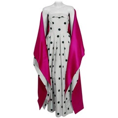 Used 2000 Oscar de la Renta White Black Polka-Dot Print Silk Strapless Gown & Shawl