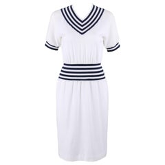 COURREGES c.1980's White & Navy Knit V Neck Shift Day Dress