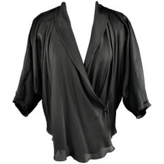 LANVIN Size 4 Black Silk / Cotton Draped Asymmetrical Wrap Blouse