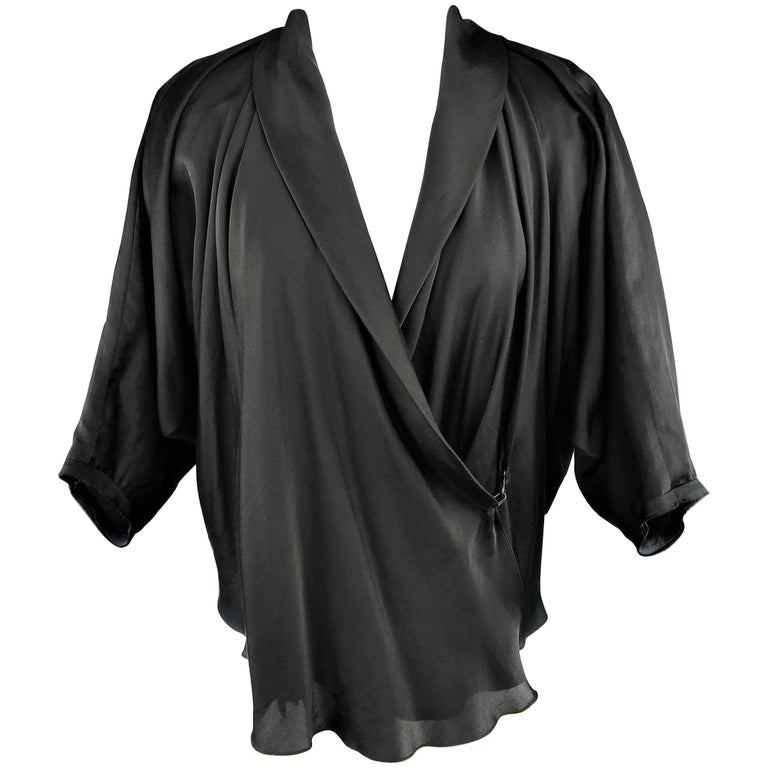 LANVIN Size 4 Black Silk / Cotton Draped Asymmetrical Wrap Blouse at ...