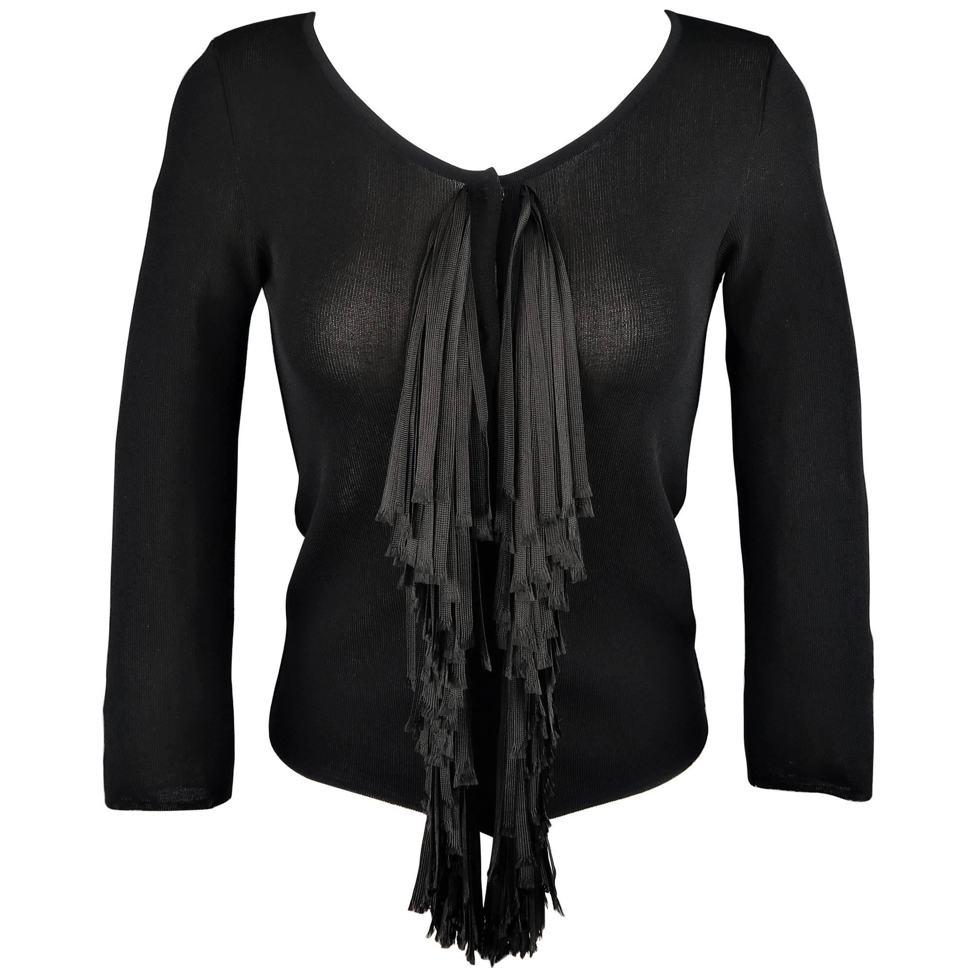 Giambattista Valli Black Scoop Neck Ribbon Fringe Snap Cardigan