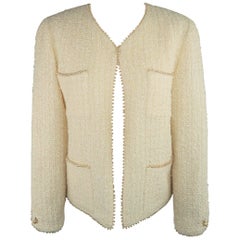 Chanel Cream Cotton Blend Tweed Pearl Piping Coat Jacket, Spring 1999