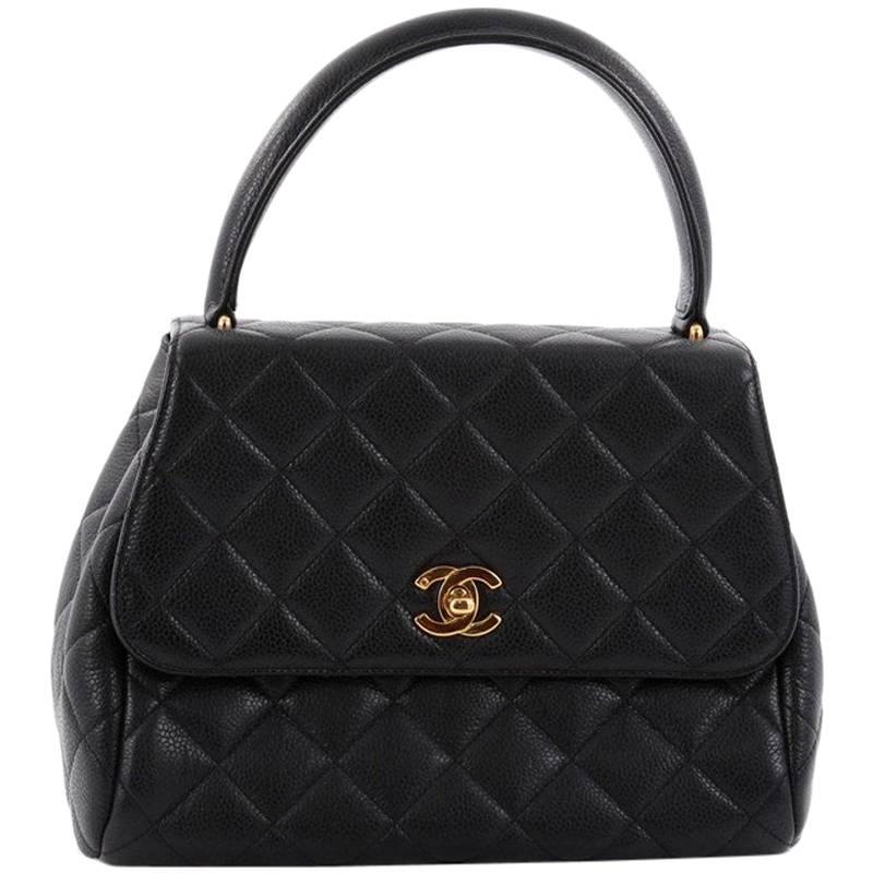 Chanel Vintage Classic Top Handle Flap Bag Quilted Caviar Medium