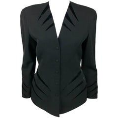 Vintage Thierry Mugler Black Wool Jacket With Velvet Details, 1980s 