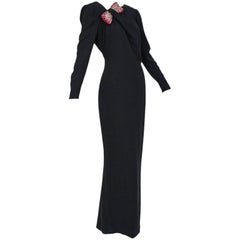 Vintage Valentino Jeweled Black Column Gown with Red Accents - Small, 1980s